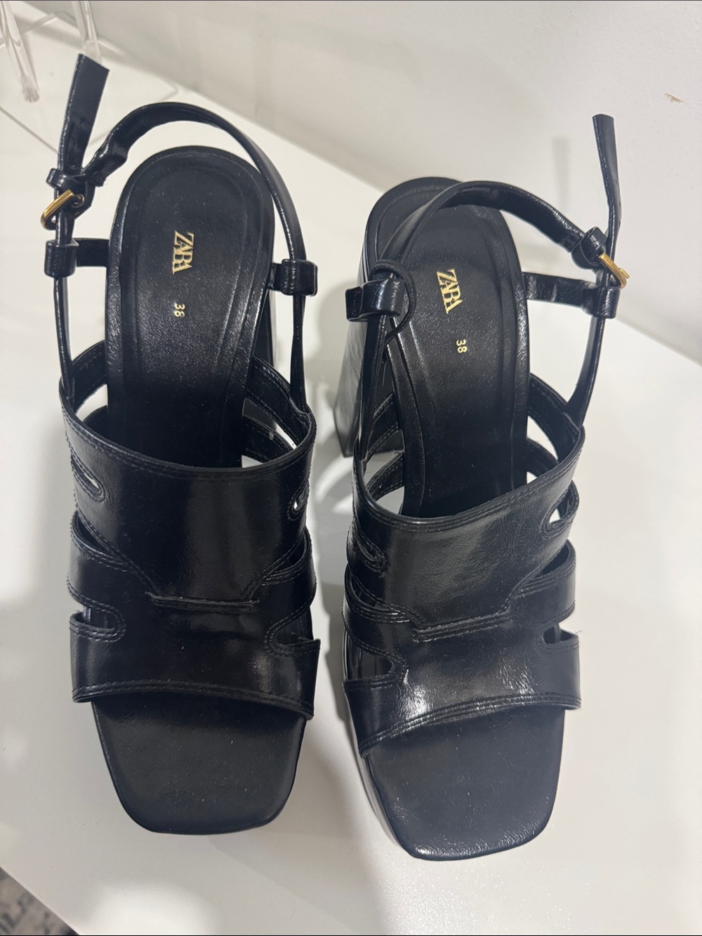 Zara Black Leather Strappy Square-Toe Block Heels